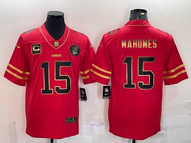 Mens Kansas City Chiefs #15 Patrick Mahomes Red Gold With C Patch Stitched Football Jersey